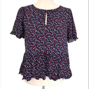 Madewell Women’s Keyhole Short Sleeve Floral Print Ruffle Top, Navy Size Medium